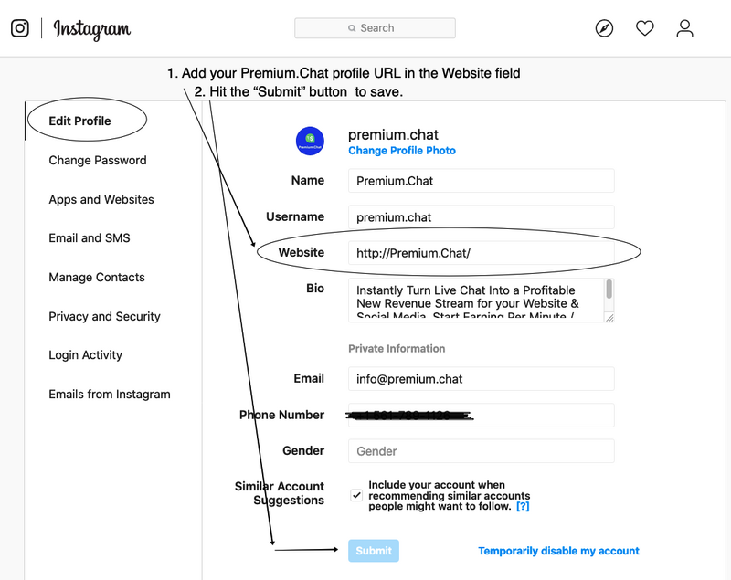 adding Premium.Chat link to Instagram website field
